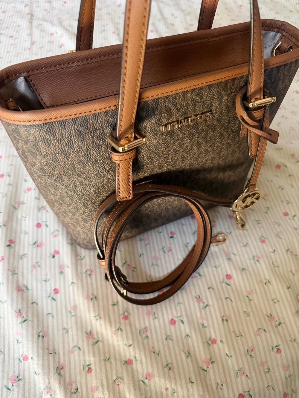 Michael Kors Brown Logo Satchel with Tan Trim and Gold Hardware